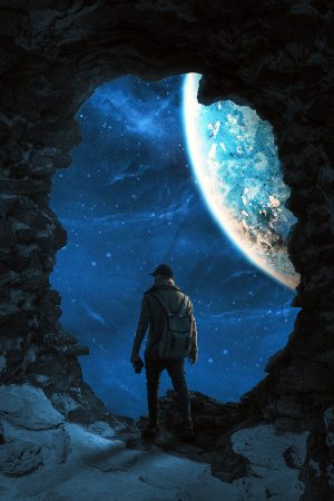 橘子视频科幻电影封面，蓝紫色星空背景，宇宙题材，画面震撼宏大